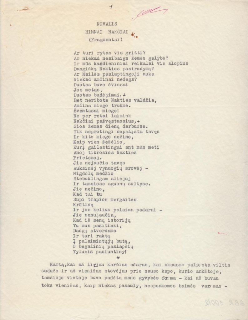 A. Šešplaukio-Tyruolio vertimo mašinraštis „Novalis / Himnai nakčiai / (Fragmentai)“